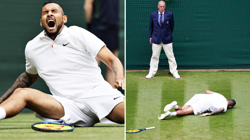 Nick Kyrgios, pictured here in agony after the nasty fall at Wimbledon.