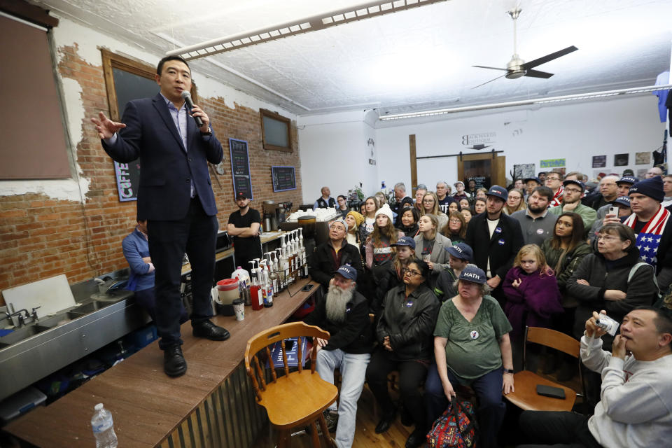 In this Jan. 3, 2020, file photo, Democratic presidential candidate entrepreneur Andrew Yang speaks during a town hall at the Perry Perk coffee shop, in Perry, Iowa. After months of running as a non-politician with unconventional campaign strategies and novel ideas, Andrew Yang has reached the point where he needs to be seen as a serious candidate with a chance of beating President Donald Trump. (AP Photo/Charlie Neibergall, File )