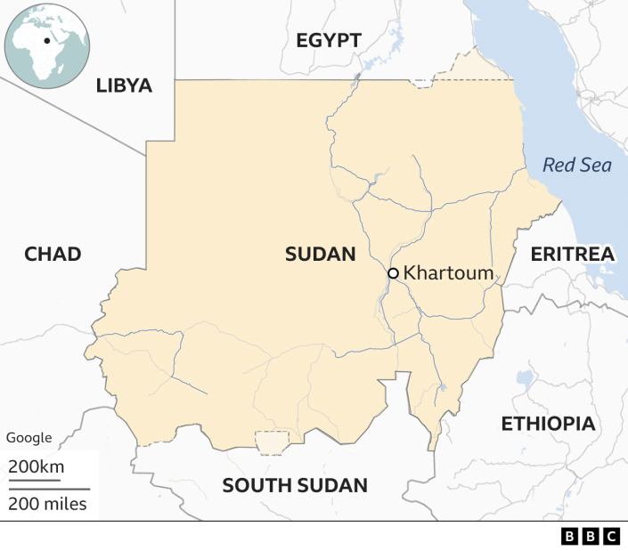 نقشه ای که سودان را با پایتخت خارطوم نشان می دهد