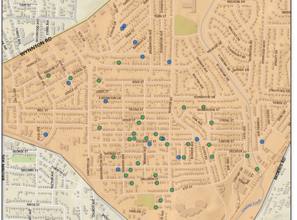 Screenshot the second phase of properties qualified for foreclosure in Columbus between Morris Rd and Wynnton Rd. There is a variety of parcels with vacant land and structures. Courtesy of Columbus Consolidated Government.