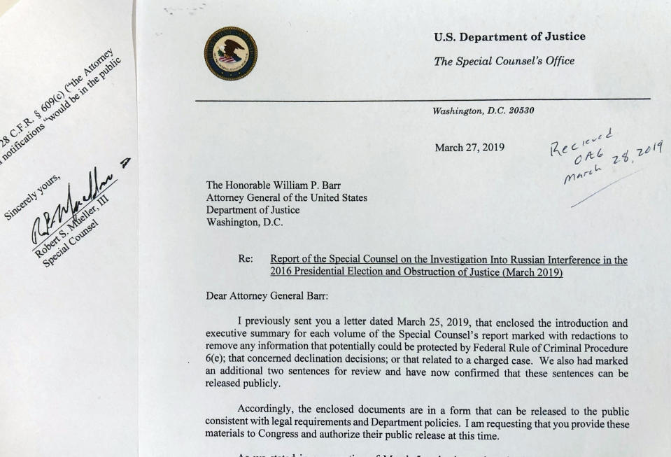 The letter special counsel Robert Mueller sent to Attorney General William Barr on March 27, 2019 in Washington. (AP Photo/Wayne Partlow)