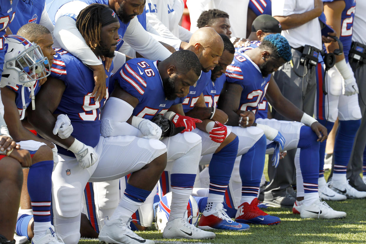 Buffalo Bills players kneel during the national anthem before a game on Sept. 24, 2017 in New York. (AP)