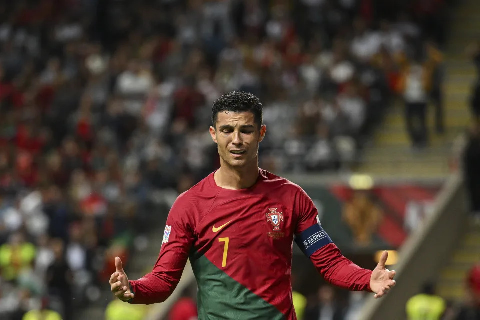 BRAGA, PORTUGAL - SEPTEMBER 27: Cristiano Ronaldo of Portugal reacts during the UEFA Nations League League A Group 2 match between Portugal and Spain at Estadio Municipal de Braga on September 27, 2022 in Braga, Portugal. (Photo by Octavio Passos/Getty Images)