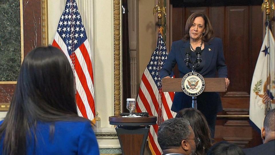 PHOTO: ABC News' Selina Wang asks Vice President Kamala Harris a question at a gun safety event at the White House in Washington, D.C., on Feb. 9, 2024. (Pool via ABC News)