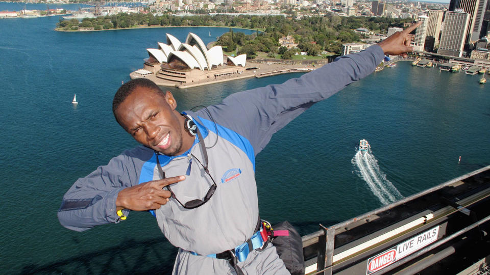 Olympic champion Usain Bolt on top of the bridge. Source: Getty Images