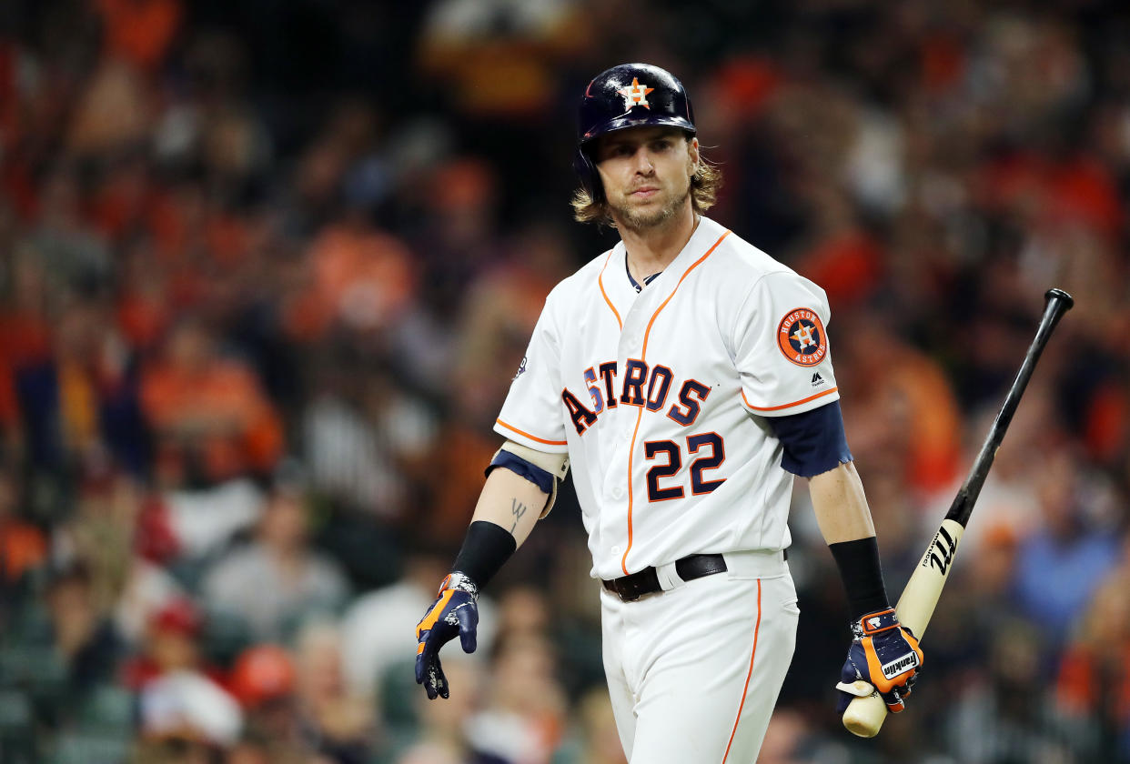 HOUSTON, TEXAS - OCTOBER 29:  Josh Reddick #22 of the Houston Astros reacts after striking out against the Washington Nationals during the third inning in Game Six of the 2019 World Series at Minute Maid Park on October 29, 2019 in Houston, Texas. (Photo by Elsa/Getty Images)