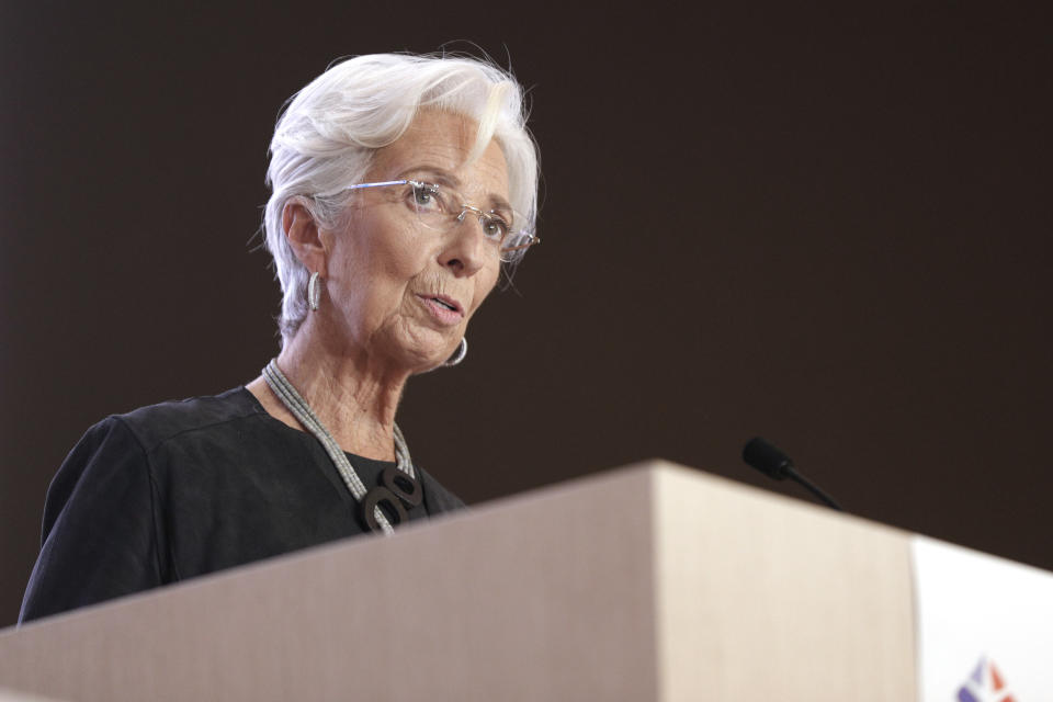 European Central Bank (ECB) President Christine Lagarde speaks during the 16th Congress of Regions (Congres des Regions) in Saint-Ouen, north of Paris on October 19, 2020. (Photo by GEOFFROY VAN DER HASSELT / AFP) (Photo by GEOFFROY VAN DER HASSELT/AFP via Getty Images)