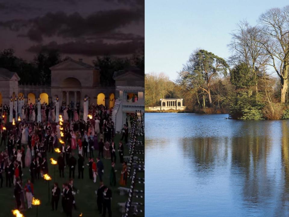 Stowe Park during a night-time ball scene in "Bridgerton" (left) and in the day-time in reality (right).