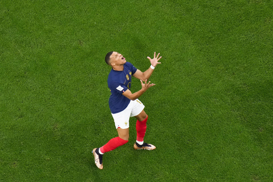 France's Kylian Mbappe reacts during the World Cup semifinal soccer match between France and Morocco at the Al Bayt Stadium in Al Khor, Qatar, Wednesday, Dec. 14, 2022. (AP Photo/Petr David Josek)