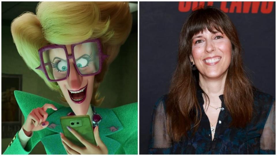 Side-by-side images of the animated character Megan, a blonde journalist in big frame glasses and a green suit jacket, and voice actress Edi Patterson