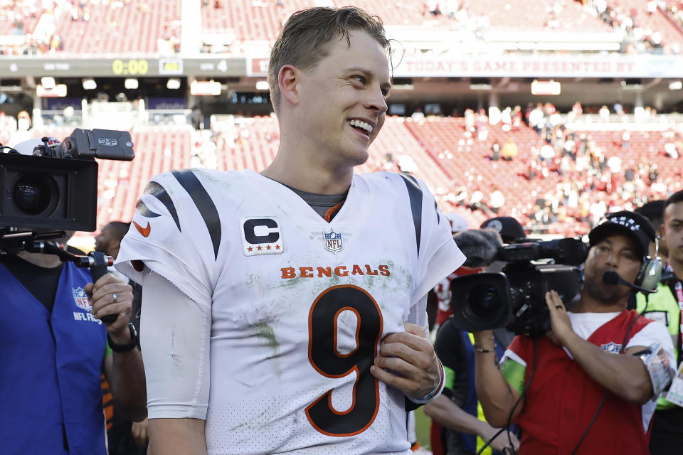 Cincinnati Bengals quarterback Joe Burrow (9) smiles after an NFL football game against the San Francisco 49ers in Santa Clara, Calif., Sunday, Oct. 29, 2023. (AP Photo/Josie Lepe)