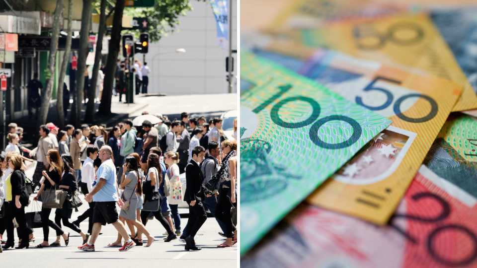 People walking and Australian money notes.