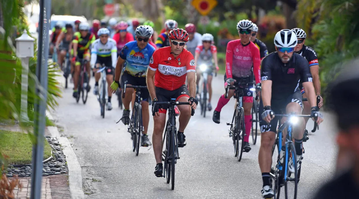 Bicyclists participate in the Sarasota leg of the 2021 Ride of Silence, held worldwide to promote awareness of street cycling and safety. The ride is silent to honor bikers who have been killed or injured on the road. This year's Ride of Silence will be May 15.