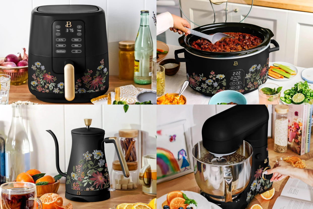 Drew Barrymore's Beautiful kitchen appliances: air fryer, slow cooker, tea kettle, mixer