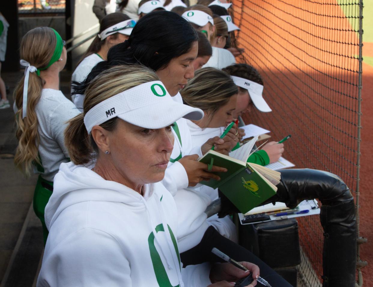 Oregon softball coach Melyssa Lombardi watches the game against Oregon State at Jane Sanders Stadium Sunday, April 21, 2024