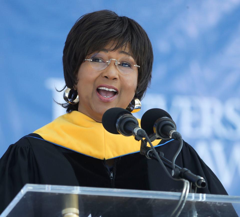 Commencement speaker Mae Jemison, astronaut, physician and researcher, delivers her address during the University of Delaware's 2023 Commencement at Delaware Stadium, Saturday, May 27, 2023.