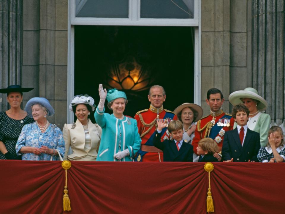 Queen Elizabeth and the royal family at Trooping the Colour in 1990