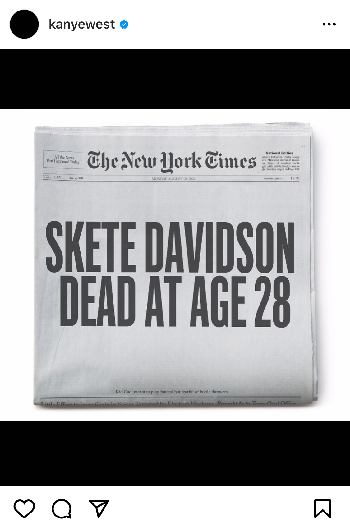 Kanye West writes "Skete Davidson dead at age 28" on Instagram