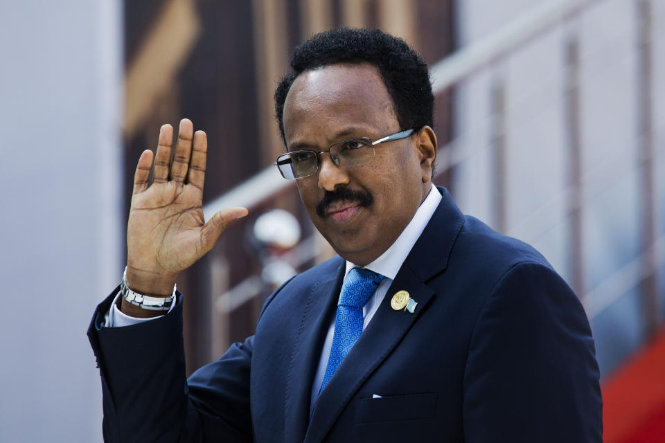 FILE - In this Saturday, May 25, 2019, file photo, Somalia's President Mohamed Abdullahi Mohamed arrives for the swearing-in ceremony of Cyril Ramaphosa at Loftus Versfeld stadium in Pretoria, South Africa. As Somalia marks three decades since a dictator fell and chaos engulfed the country, the government is set to hold a troubled national election but two regional states are refusing to take part in the vote to elect Somalia's president and time is running out before the Feb. 8 date on which mandates expire. (AP Photo/Jerome Delay, File)