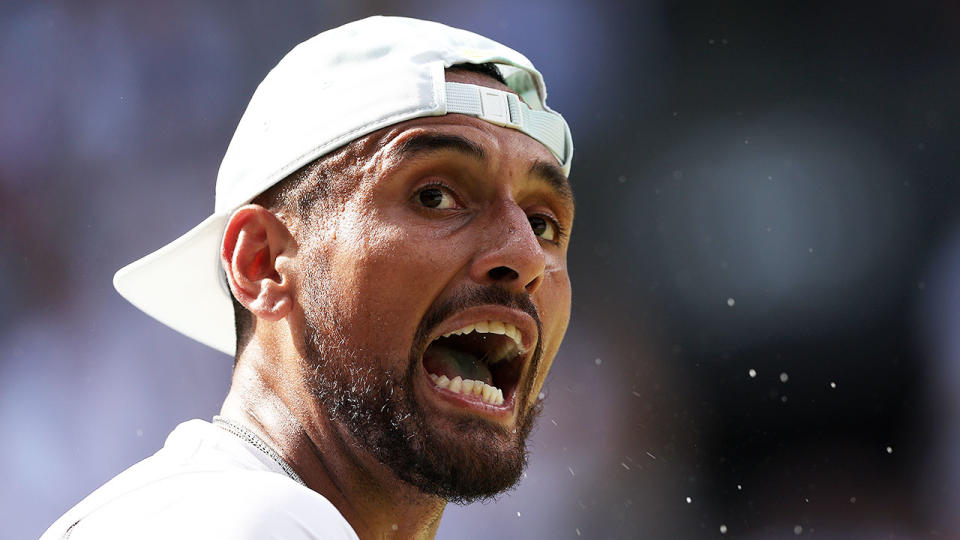 Pictured here, Nick Kyrgios reacts to a point in the 2022 Wimbledon final.