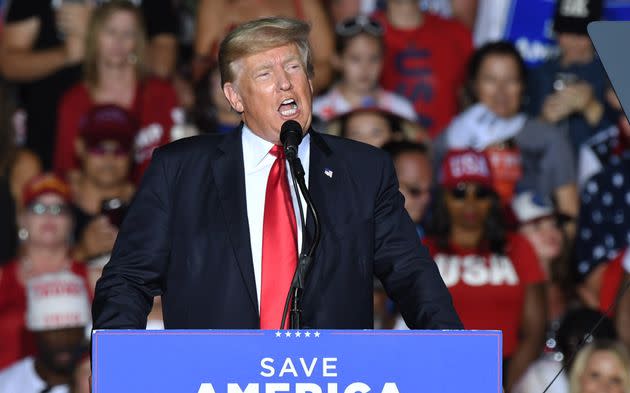 Former President Donald Trump speaks in July at a rally at the Sarasota Fairgrounds in Florida. Many Republicans are still beholden to him even though he's been out of the White House for months. (Photo: Anadolu Agency via Getty Images)