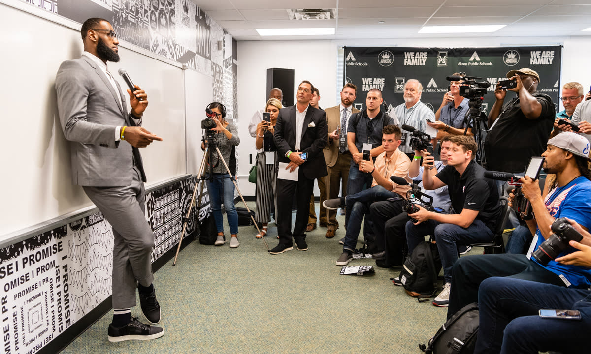 A photo of LeBron James addressing the media after the opening ceremonies of the I Promise School on July 30, 2018 in Akron, Ohio