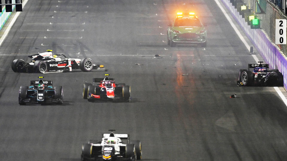 The massive crash, pictured here at the start of the F2 race in Saudi Arabia.