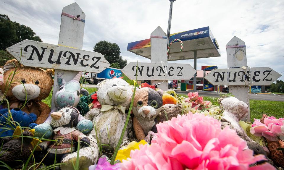 This file photo shows three crosses placed in memory of Emilio A. Nunez, 71, and his two grandchildren, 9-year-old Nevaeh Nunez and her sister, Katalaya Nunez, 7, who died in November 2019 when a pickup truck driven by Stephen Douglas Lynn plowed into them at County Road 484 and County Road 467.