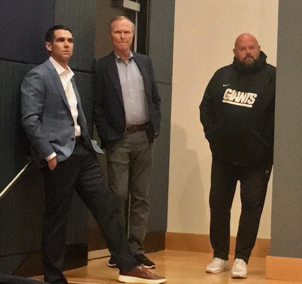 New York Giants brass watches first-round pick Deonte Banks during his introductory news conference Friday in East Rutherford. (l to r) General manager Joe Schoen, co-owner and team president John Mara and coach Brian Daboll