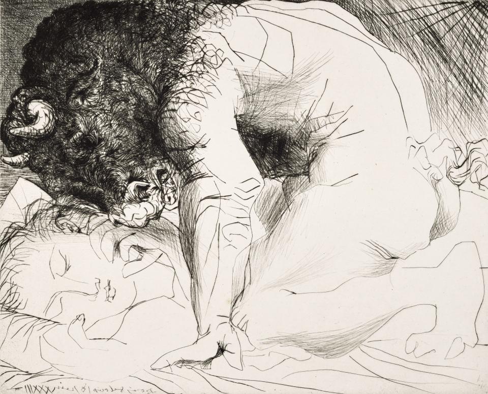 Minotaure caressant du mufle la main d'une dormeuse [The Minotaur caressing with its muzzle the hand of a sleeping woman]. 2nd state (Suite Vollard 93). Boisgeloup, June 18, 1933. Drypoint, 29.9 x 36.5 cm. MP1982-152. Photo: Mathieu Rabeau.