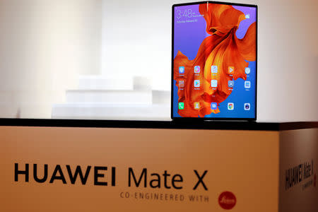 The new Huawei Mate X device is seen during a pre-briefing display ahead of the Mobile World Congress in Barcelona, Spain, February 23, 2019. Picture taken February 23, 2019. REUTERS/Sergio Perez