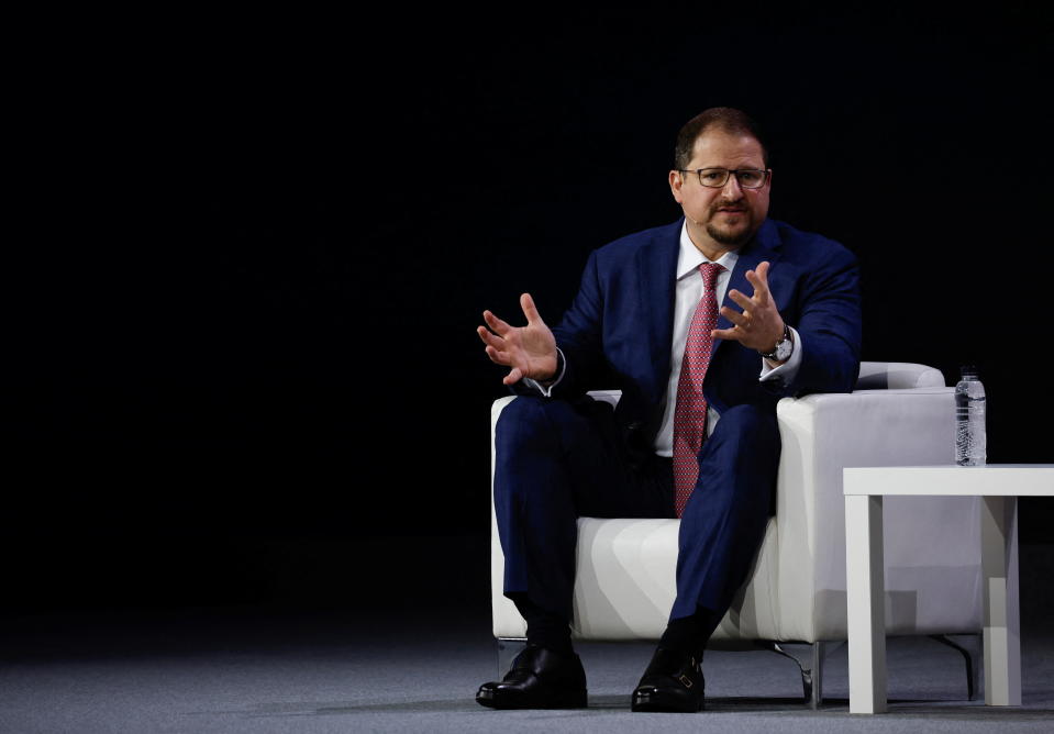 Chief Executive Officer and President of Qualcomm Incorporated Cristiano Amon speaks at a keynote conference during GSMA's 2022 Mobile World Congress (MWC), in Barcelona, Spain, March 1, 2022. REUTERS/Albert Gea