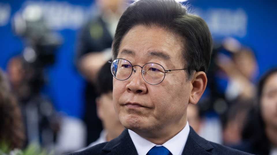 Lee Jae-myung, leader of the Democratic Party, watches election results at his district office in Incheon, South Korea, on Thursday, April 11, 2024. - SeongJoon Cho/Bloomberg/Getty Images