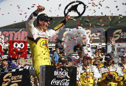 LAS VEGAS, NEVADA - OCTOBER 16: Joey Logano, driver of the #22 Shell Pennzoil Ford, celebrates in victory lane after winning the NASCAR Cup Series South Point 400 at Las Vegas Motor Speedway on October 16, 2022 in Las Vegas, Nevada. (Photo by Sean Gardner/Getty Images) | Getty Images