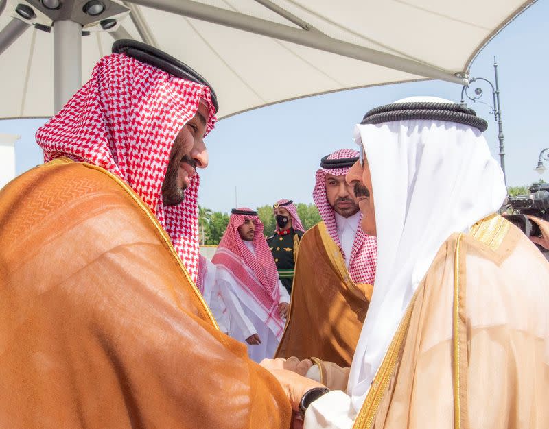 Saudi Crown Prince Mohammed bin Salman receives Kuwait's Crown Prince Sheikh Meshal al-Ahmad al-Sabah, in Jeddah