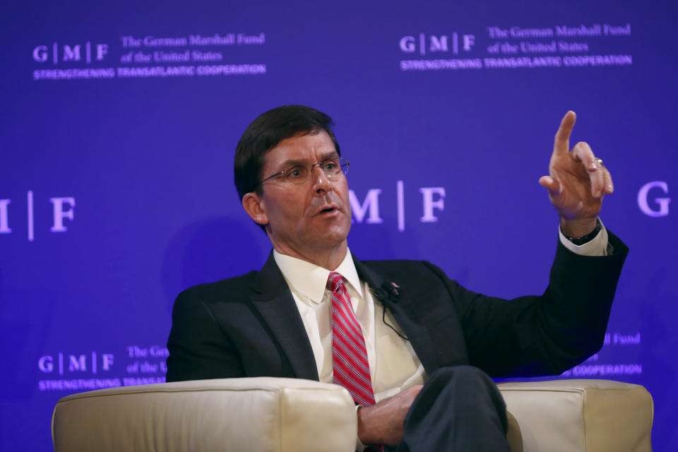 U.S. Secretary for Defense Mark Esper speaks during a panel discussion at the Concert Noble in Brussels, Thursday, Oct. 24, 2019. U.S. Secretary for Defense Mark Esper spoke at the event ahead of a two-day NATO defense ministers meeting which will be held at NATO headquarters in Brussels. (AP Photo/Francisco Seco, Pool)