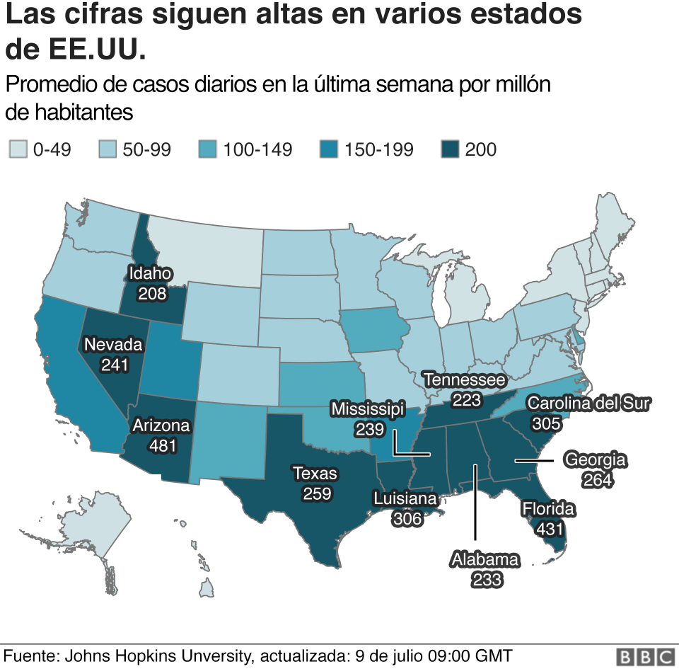 Mapa que muestra número de casos por estado