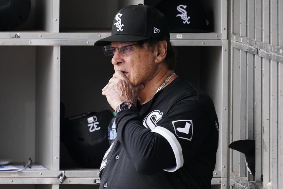 Chicago White Sox manager Tony La Russa watches from the dugout during the first inning of a baseball game against the Baltimore Orioles in Chicago, Saturday, June 25, 2022. (AP Photo/Nam Y. Huh)