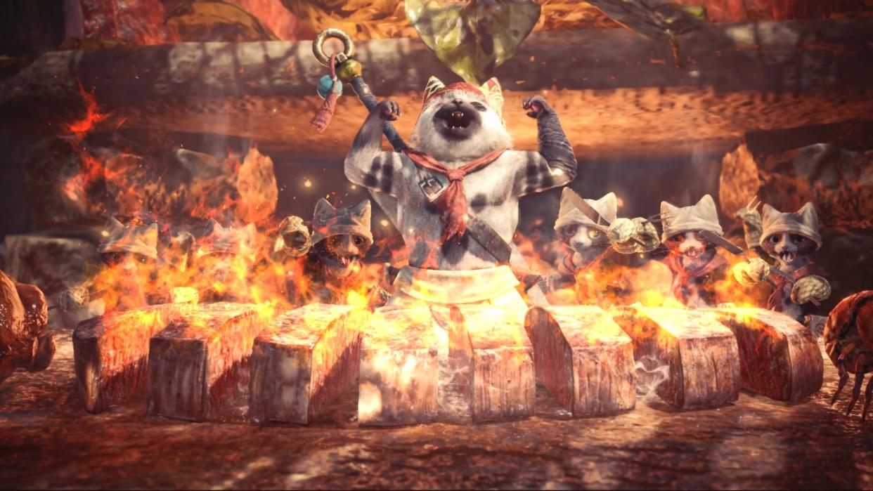  A cat chef flexes his muscles over burning meat. 