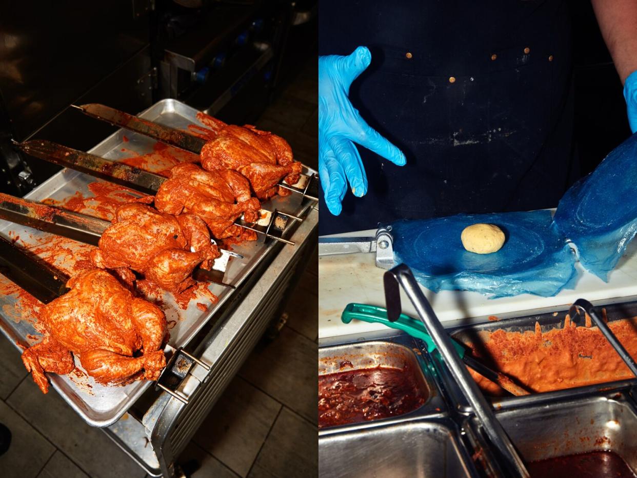 Left: Pibil-marinated chicken. Right: Ivan Flores of the Goat Mafia presses Kernel of Truth corn masa.