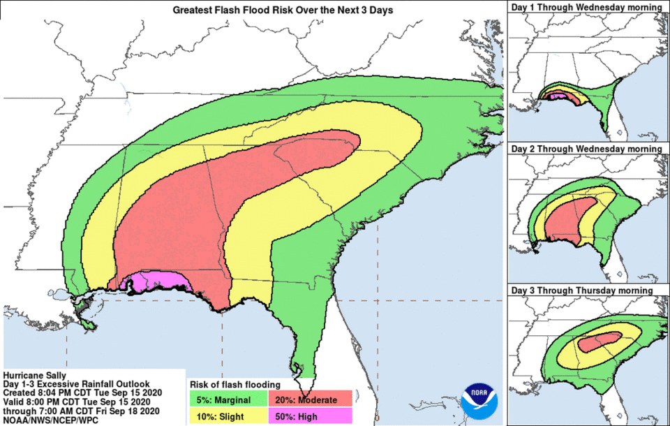 Hurricane Sally’s potential landfall point keeps shifting east, but forecasters warned that the real danger of this storm would likely be the rain, which will affect areas far outside the cone. Some spots could see up to 30 inches of rain as Sally creeps by.

“Historic,life-threatening flash flooding is likely. In addition, this rainfall will lead to widespread moderate to major flooding on area rivers.,” forecasters said.