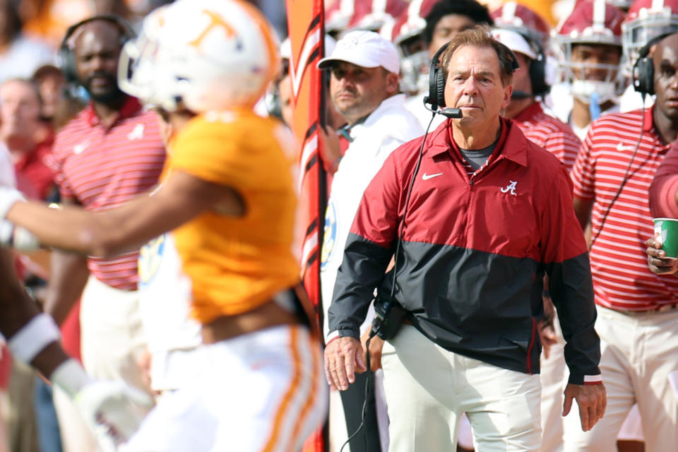 Alabama head coach Nick Saban looks on during the first quarter against Tennessee at Neyland Stadium on October 15, 2022 in Knoxville, Tennessee. (Photo by Donald Page/Getty Images)