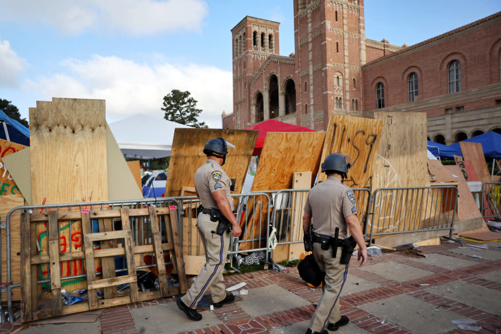 California Highway Patrol officers patrol at a pro-Palestinian encampment, the morning after it was attacked by counter-protestors at the University of California, Los Angeles (UCLA) campus, on May 1, 2024 in Los Angeles, California. (Photo by Mario Tama/Getty Images)