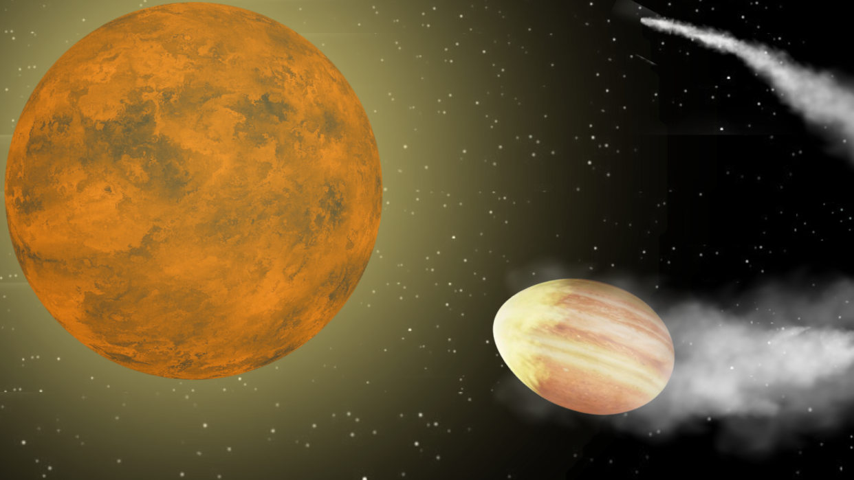  An illustration shows the egg-shaped planet WASP-12b on a death spiral towar its yellow dwarf parent star. 