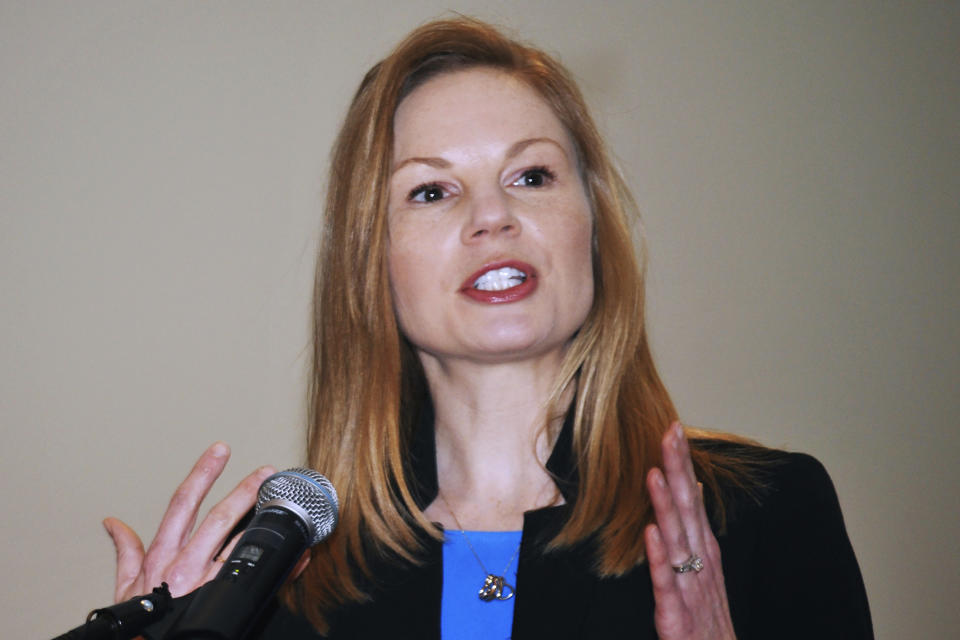 FILE - In this Jan. 14, 2019 file photo, Democratic state Auditor Nicole Galloway speaks in Jefferson City, Mo. Missouri voters are set to decide whether to expand Medicaid health care coverage to thousands more low-income adults. A proposal to amend the state Constitution to expand eligibility for Medicaid is on Tuesday, Aug. 4, 2020s' ballot. Galloway's office estimated that expanding Medicaid could cost the state at least $200 million or save as much as $1 billion annually by 2026. Republican opponents cite the potential costs as a reason to oppose the ballot initiative. (Julie Smith/The Jefferson City News-Tribune via AP, File)