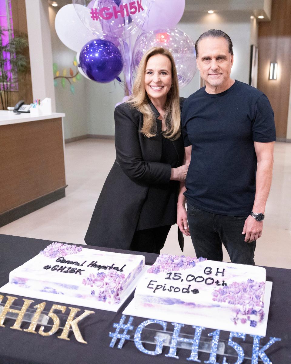 The cast, crew and creative team of "General Hospital" celebrated the 15,000th episode milestone of TV's longest-running scripted television drama currently in production with a cake-cutting ceremony on the Prospect Studios lot in Los Angeles on May 12, 2022. Pictured are stars Genie Francis and Maurice Benard.