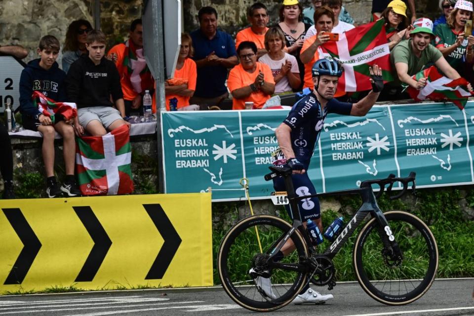 Team DSM  Firmenichs Australian rider Alexander Edmondson reacts after suffering a fall during the 2nd stage of the 110th edition of the Tour de France cycling race 2089 km between VitoriaGasteiz and San Sebastian in northern Spain on July 2 2023 Photo by Marco BERTORELLO  AFP Photo by MARCO BERTORELLOAFP via Getty Images