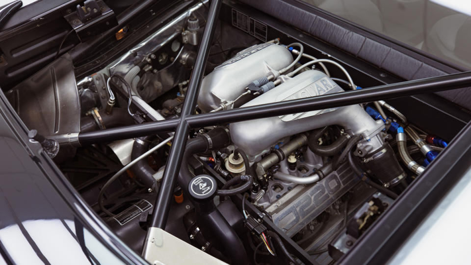 The 542 hp, 3.5-liter turbocharged V-6 engine inside a 1993 Jaguar XJ220.