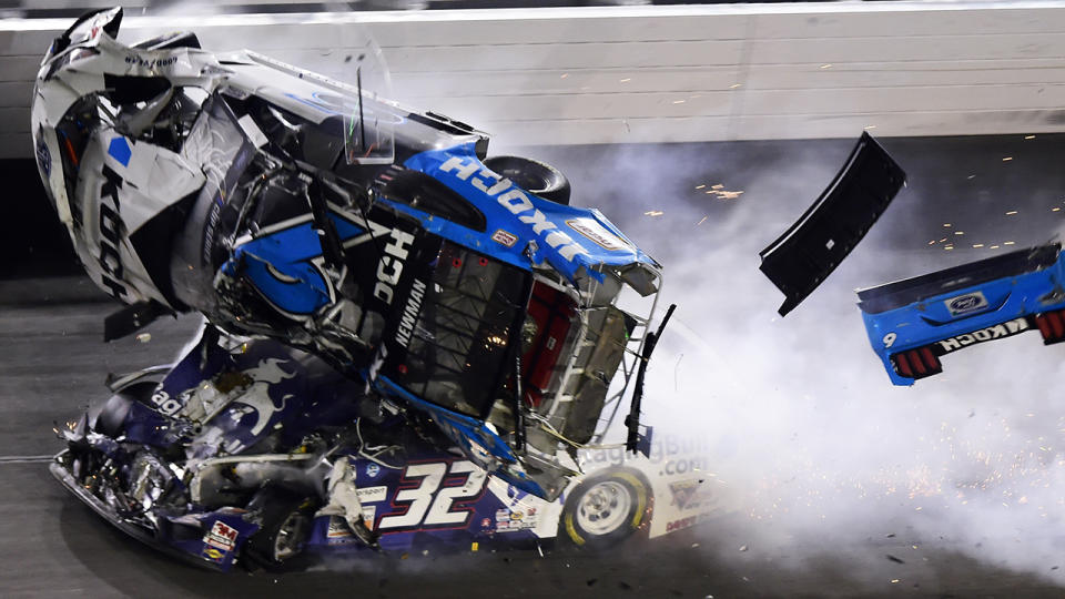 Ryan Newman's car is pictured being crashed into on the final lap of NASCAR's Daytona 500.