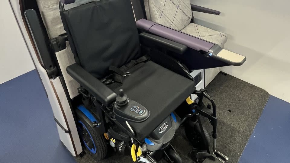 Here's the seat prototype in its wheelchair mode on display at the Airline Interiors Expo in Hamburg, Germany. - Francesca Street/CNN